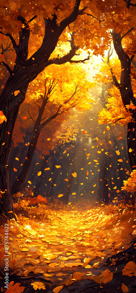 Poster a serene autumn forest scene with golden leaves and sunlight filtering through the trees, creating a
