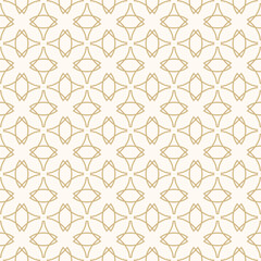 Vector abstract geometric seamless pattern in gothic style. Luxury golden linear ornament texture with curved shapes, crosses, tiles. Simple white and gold background design with medieval motifs