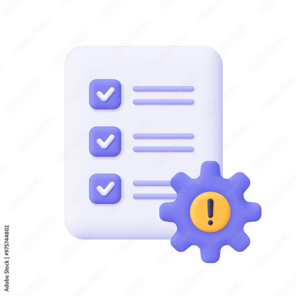 Poster document sheet with checklist and gear cogwheel with exclamation mark. project management, software 