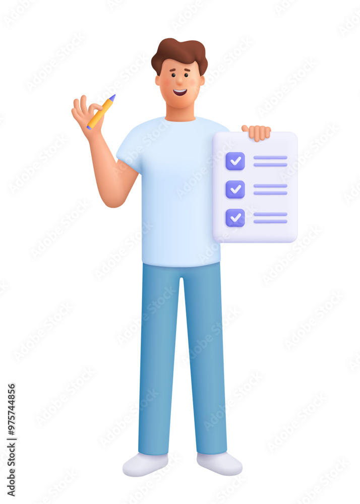 Poster man holding pencil and checklist sheet, document with check marks. deadline, planning and organizati