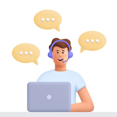 Office operator with headset talking with clients. Customer service, call center, hotline, customer support department staff concept. 3d vector people character. Cartoon minimal style.
