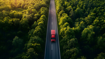 Aerial view of a red truck traveling on a long road surrounded by lush green forests in a picturesque landscape.