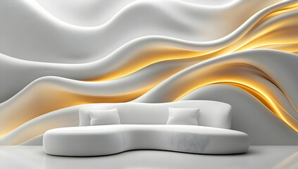 Stylish modern sofa against a wavy white and orange wall, creating a serene and sophisticated atmosphere for contemporary interiors.