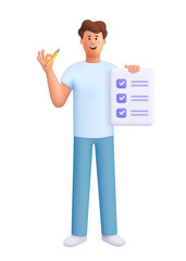 Man holding pencil and checklist sheet, document with check marks. Deadline, planning and organization of work project, business tasks concept. 3d vector people character. Cartoon minimal style.