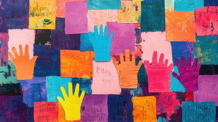 A vibrant collage of colorful handprints on a textured background, representing unity and artistic expression.
