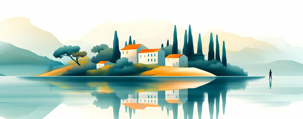 Naklejka premium A serene island landscape featuring charming homes, lush trees, and bright reflections on calm waters, perfect for nature lovers.