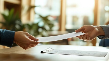 Two hands exchanging a document in a modern workspace, symbolizing collaboration and communication in business.