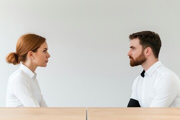 Two professionals engage in a serious conversation, showcasing focused expressions and a modern office environment.