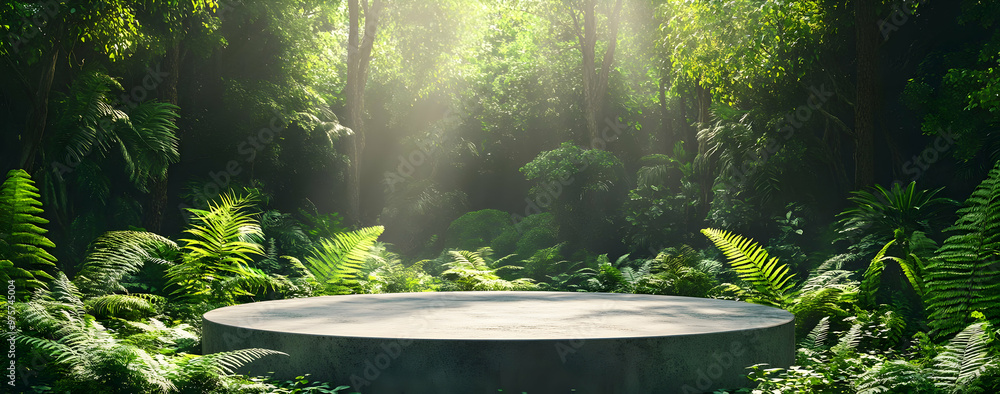 Poster a serene jungle setting featuring a circular platform surrounded by lush greenery and soft sunlight 