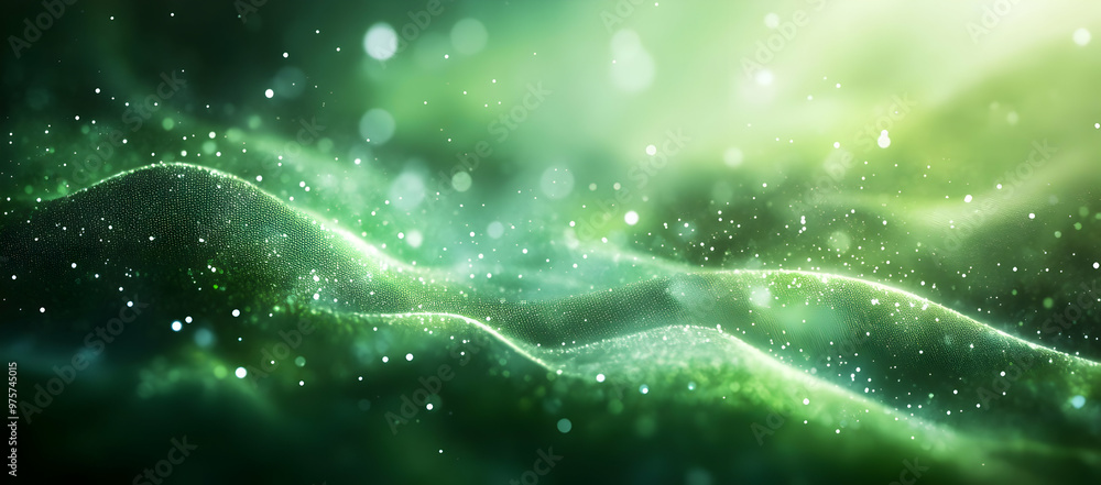 Poster a mesmerizing abstract image featuring swirling green gradients and luminous particles, creating a s
