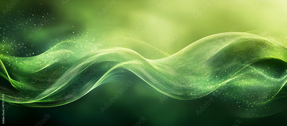 Poster abstract green wave background with soft gradients and sparkles, creating a serene and tranquil atmo