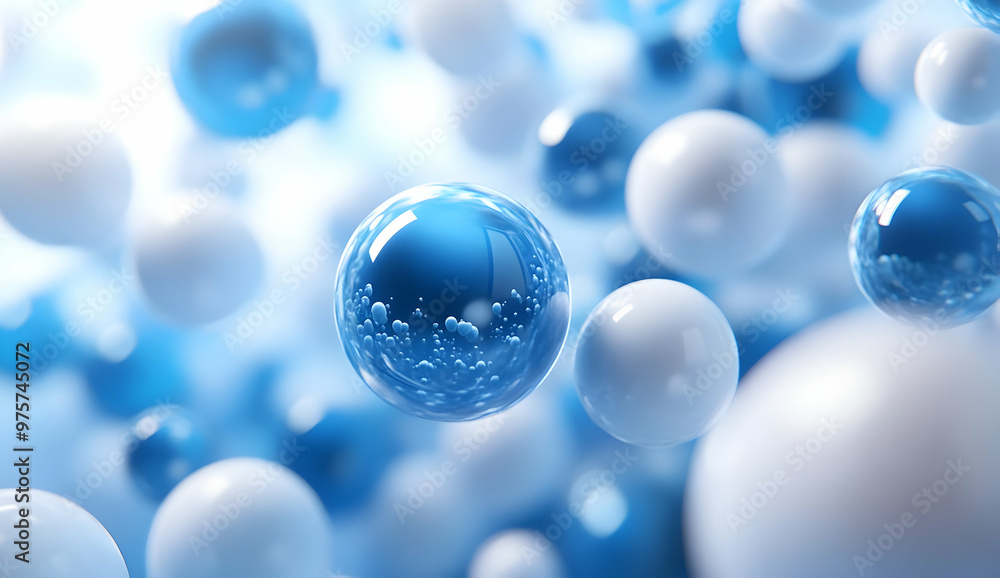 Poster close-up view of translucent spheres in blue and white tones, creating a dreamy, abstract background