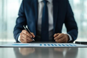 A businessman analyzes data charts while taking notes, showcasing professionalism and strategic planning.