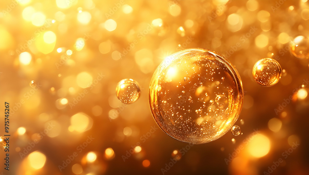 Poster golden bubbles floating in a shimmering background, creating a magical and dreamy atmosphere filled 