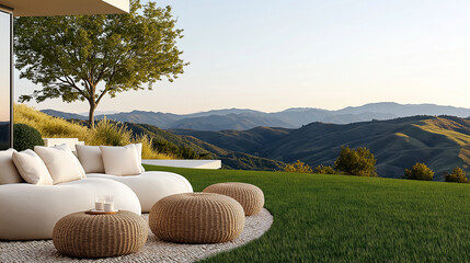 A gentle grassy hillside with a variety of beanbag sofas casually placed, offering a cozy and relaxed seating area under the open sky, the peaceful scene invites outdoor lounging w