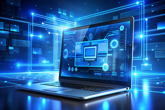 Creative digital blue wallpaper. Technology, innovation and landing page concept. 3D Rendering.