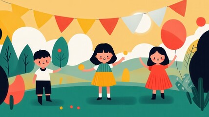 Three cheerful children enjoying a sunny day outdoors, celebrating with colorful balloons and decorations in a playful setting.
