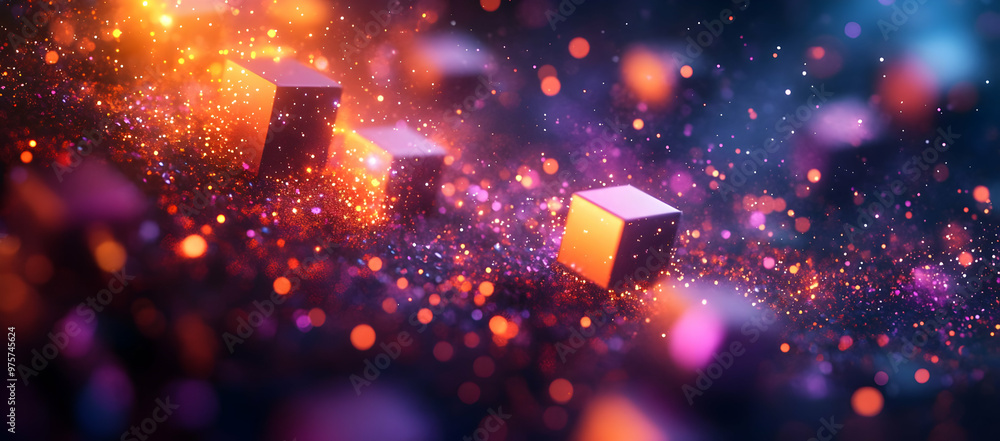 Poster a vibrant abstract composition featuring glowing cubes amid a cascade of colorful particles, creatin