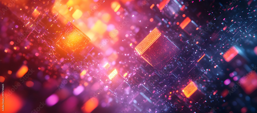 Poster a vibrant abstract background featuring floating cubes and glowing particles in a digital landscape 