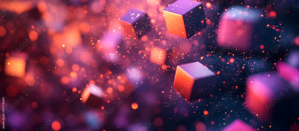 Poster vibrant and dynamic abstract scene featuring floating cubes amidst colorful particles and lights, pe