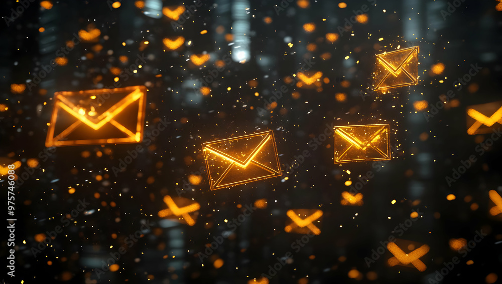 Poster a stunning visual of glowing envelopes soaring through a digital background, symbolizing communicati