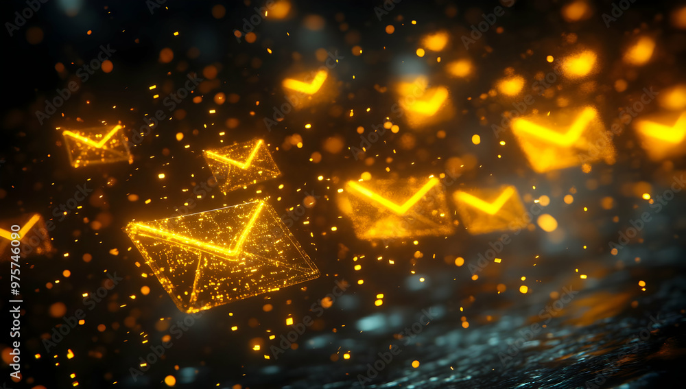 Poster glowing orange email icons floating in a dark atmosphere, creating a dynamic and futuristic feel for
