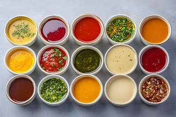 Assortment of Colorful Dips and Sauces
