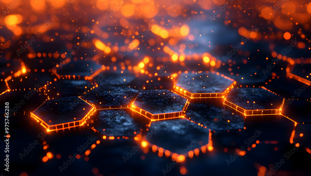 Poster close-up view of glowing hexagonal patterns with vibrant orange light against a dark background, cre