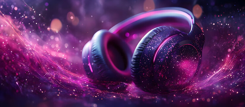Vibrant and modern headphones with a cosmic background, perfect for music lovers and audiophiles seeking a stylish audio experience.