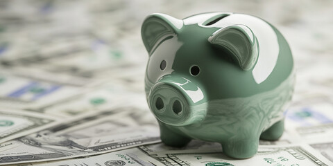 A green piggy bank sits on pile of US dollar bills, symbolizing savings and financial growth