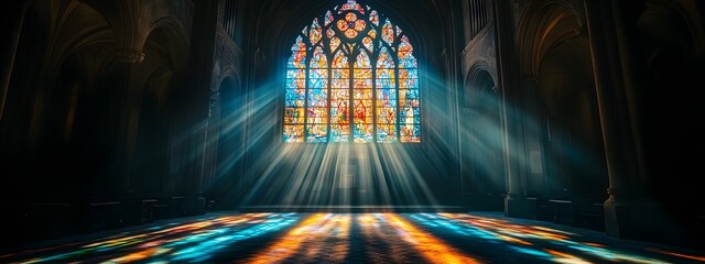  A beautiful stained-glass window in the middle of an empty church, with rays of light streaming through it
