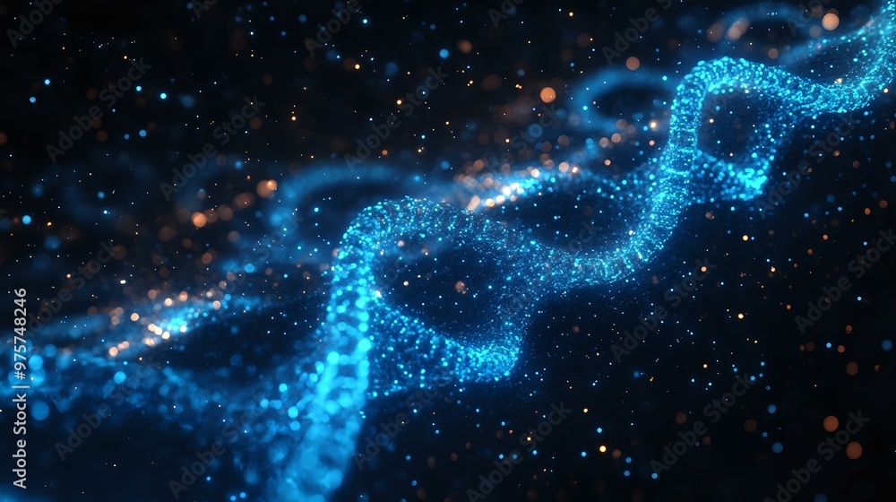 Poster futuristic neon blue dna strands floating in space with holographic data streams and glowing particl