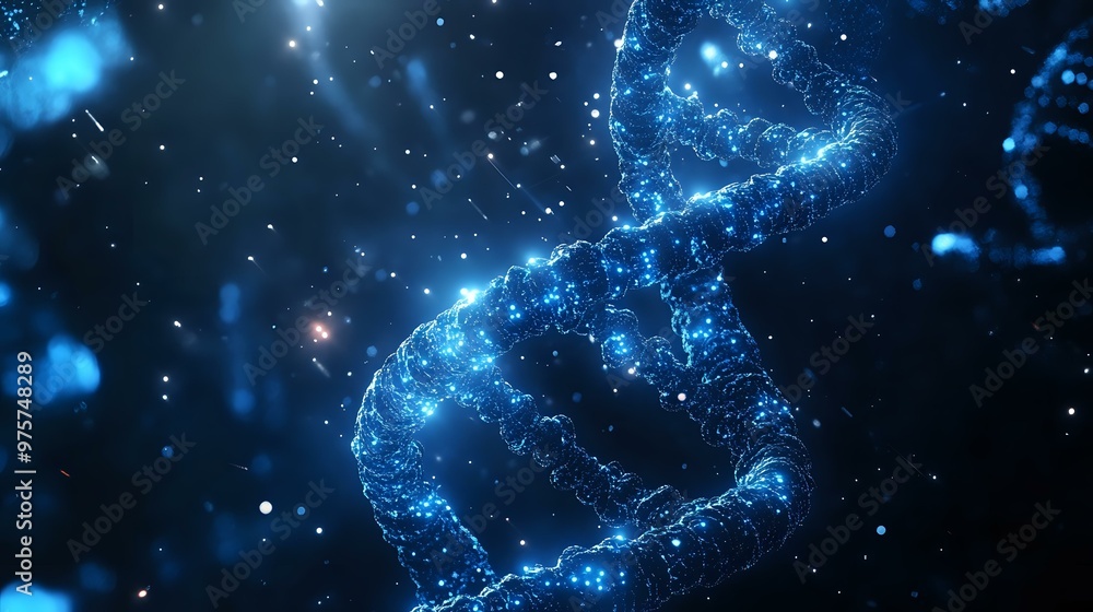 Poster futuristic neon blue dna strands floating in space with holographic data streams and glowing particl