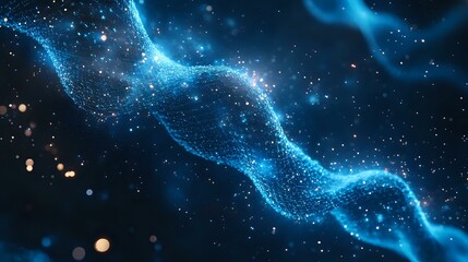 Obraz premium Futuristic neon blue DNA strands floating in space with holographic data streams and glowing particles on a dark starry backdrop evoking high-tech energy