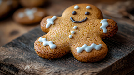 Fototapeta premium Gingerbread cookie with icing on wood