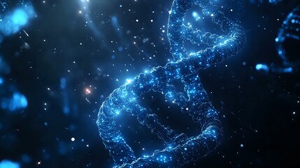 Futuristic neon blue DNA strands floating in space with holographic data streams and glowing particles on a dark starry backdrop evoking high-tech energy