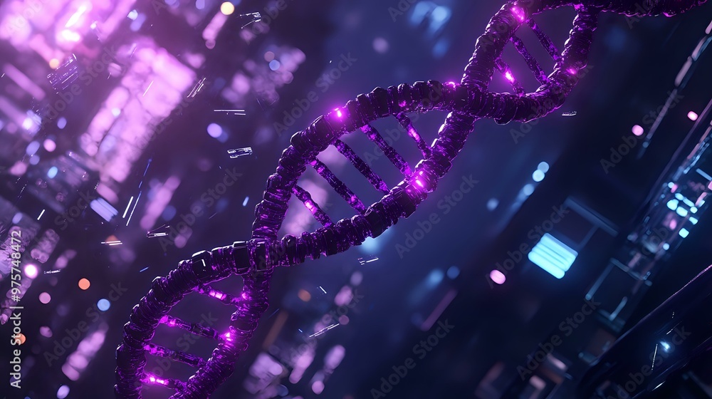 Poster metallic dna chain with purple luminescent nodes set against a futuristic cityscape with circuit lin