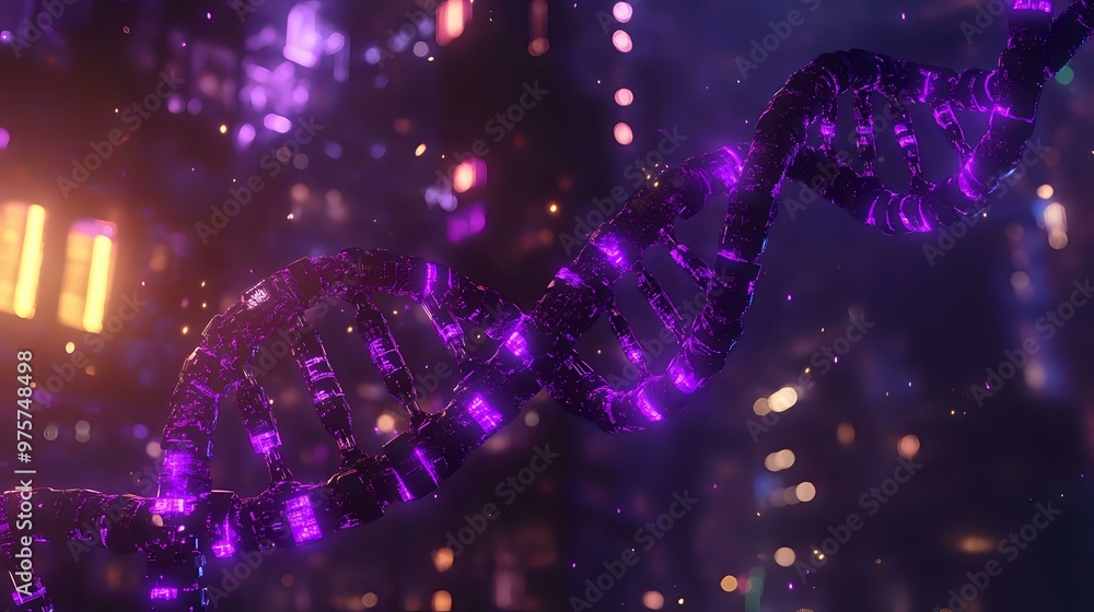 Poster metallic dna chain with purple luminescent nodes set against a futuristic cityscape with circuit lin
