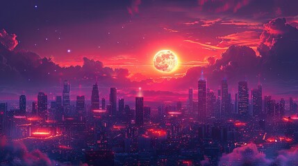 Fototapeta premium City of a future against purple sunset sky with clouds. Futuristic building with bright neon lights. Wallpaper in a style of cyberpunk. 3D ilustration