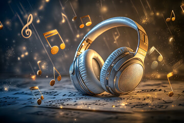 Fototapeta premium Headphones next to musical notes