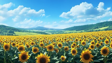 Obraz premium Vibrant sunflower field under a bright blue sky a gentle breeze swaying the flowers as distant rolling hills meet the horizon perfect for nature immersion