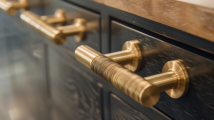 golden door handle on a wooden door, closeup of photo