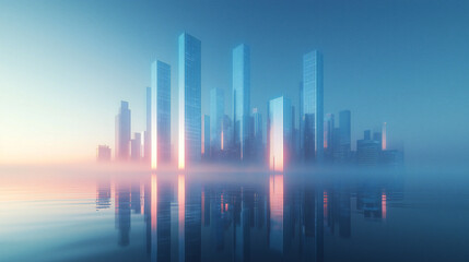 Sleek and modern abstract background with a minimalist cityscape made of glass, featuring vertical bar charts rising against a gradient blue sky