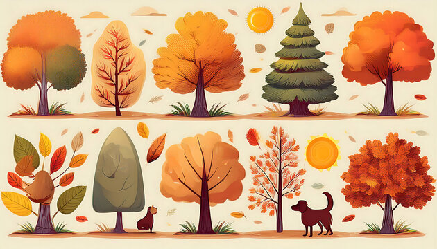  Set of vector illustrations of autumn trees and shrubs, including oak, birch, aspen, linden_1(919)