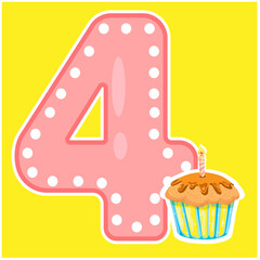 Four and a candle with a cupcake on a yellow background