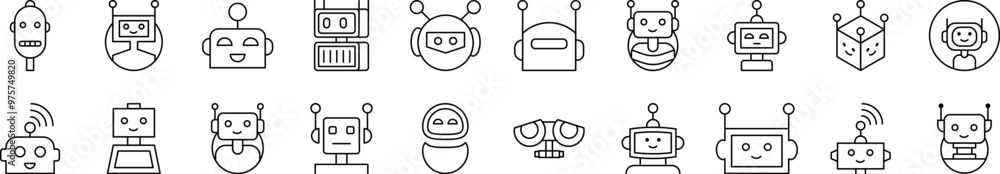 Poster set of line icons of robot. editable stroke. minimalistic linear pictogram for design of cards, apps