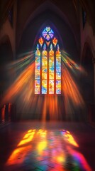  A beautiful stained-glass window in the middle of an empty church, with rays of light streaming through it