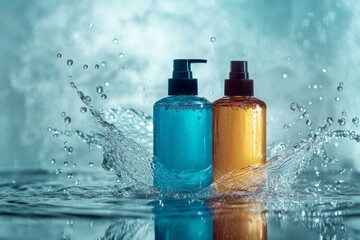 Obraz premium Product photography of two bottles of shampoo floating in mid-air. water splashing around and the scene luxury and elegance