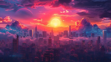 Obraz premium City of a future against purple sunset sky with clouds. Futuristic building with bright neon lights. Wallpaper in a style of cyberpunk. 3D ilustration