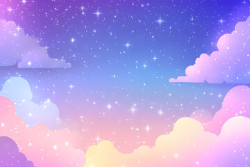 Fototapeta premium Cute pastel galaxy vector background with stars, moon, and clouds in pink, purple, and blue colors